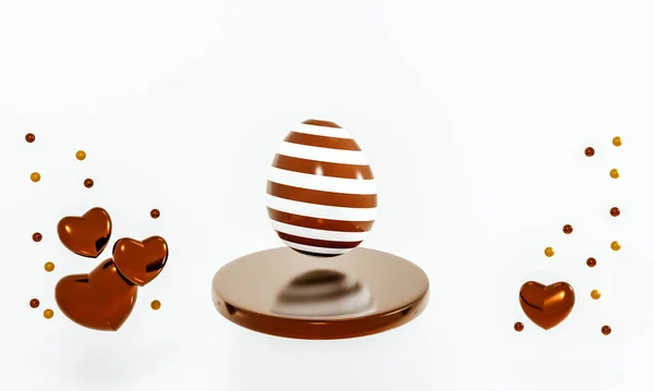 Feliz Pascua. Huevo de chocolate en el podio con corazones de chocolate y dragees levitando alrededor. Dulce composición de Pascua. Ilustración 3D —  Fotos de Stock