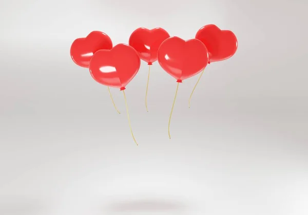 Globos rojos 3d en forma de corazón sobre un fondo blanco. Concierto festivo de felicitación. 3d ilustración realista — Foto de Stock