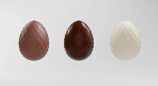 Czekoladowe jaja wielkanocne wykonane z trzech odmian czekolady wyizolowanych na białym tle. Ilustracja 3D — Zdjęcie stockowe