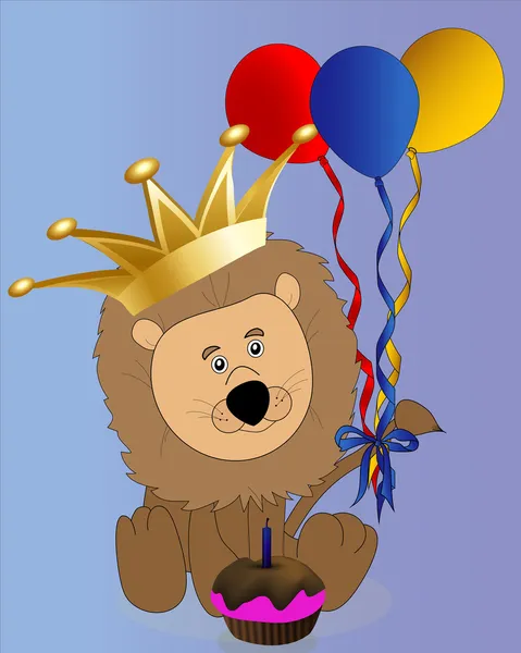 風船とカップケーキの誕生日漫画ライオン — ストック写真