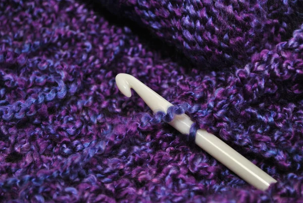 Dark Purple Yarn with a Crochet Hook — Stock Photo, Image