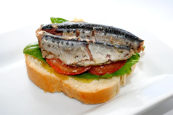 Öppna inför sardin smörgås — Stockfoto