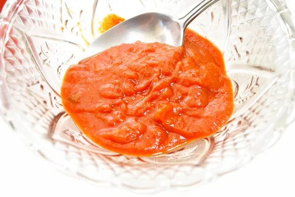 Tomato Sace in a Fancy Glass Bowl — Stock Photo, Image