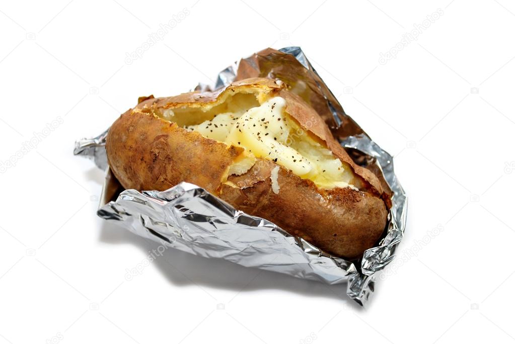 Baked Potato in Foil Isolated Over White