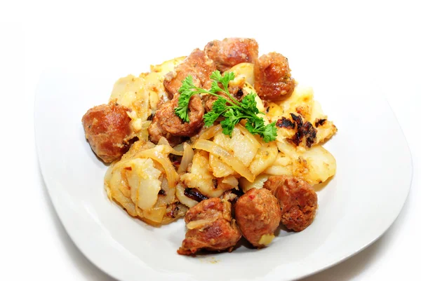 Delicious Sausage and Potatoes with Fresh Parsley — Stock Photo, Image