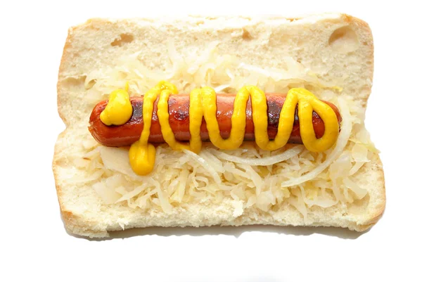 Hotdog, Mustard and Sauekraut on a Bun — Stock Photo, Image