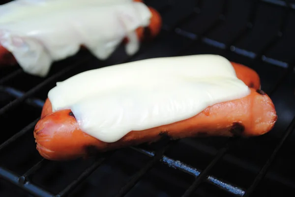 Primer plano de un perro caliente con queso derretido — Foto de Stock