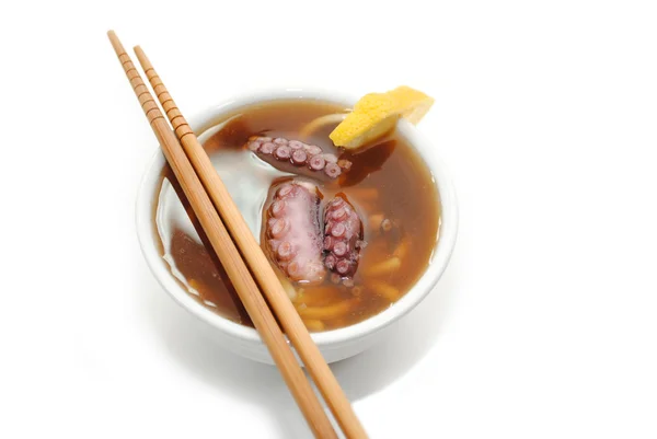 Oriental Noodle and Octopus Soup with Chopsticks — Stock Photo, Image