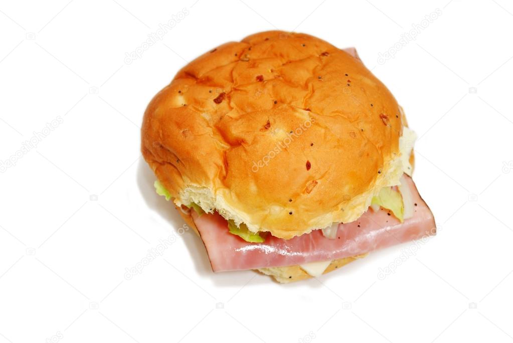 Top View of a Ham and Cheese Sandwich on an Onion Roll