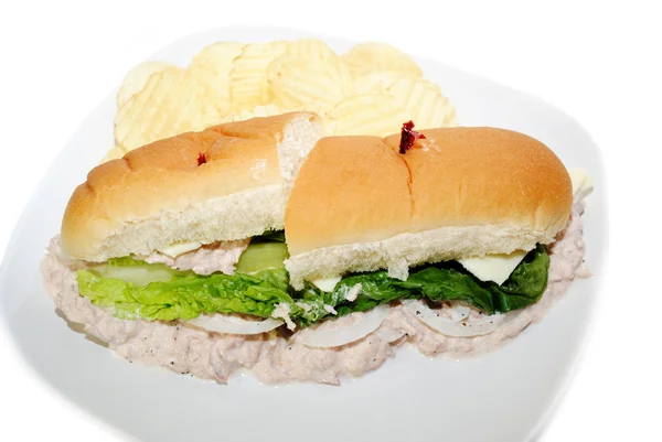 Tuna Fish Sandwich Served with Potato Chips — Stock Photo, Image