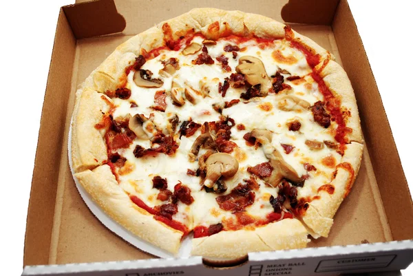 Fresh Mushroon, Bacon and Onion Pizza in a Box — Stock Photo, Image