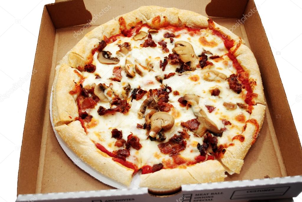 Fresh Mushroon, Bacon and Onion Pizza in a Box