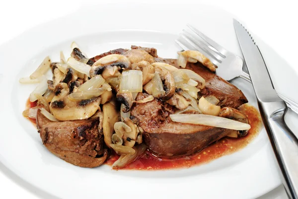 Served Liver Smothered with Organic Onions and Mushrooms — Stock Photo, Image