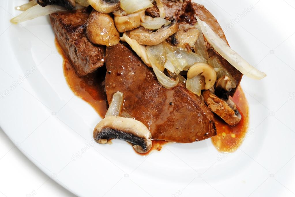 Liver Served with Sauteed Mushrooms and Onions