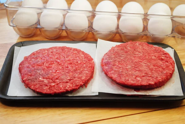 Ingredientes Frescos Hamburguesa Queso Con Carne Res Molida Cruda Magra — Foto de Stock