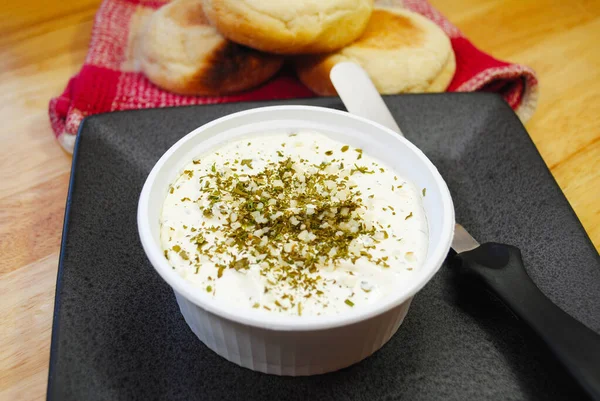 Creamy Spreadable Cheese Made Garlic Herbs — Stock Photo, Image