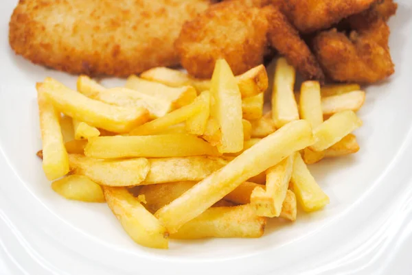 Närbild Krispiga Flis Del Fisk Och Chips Middag — Stockfoto