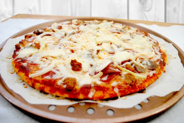 Amantes Carne Fresca Caliente Pizza Pie Con Cebolla — Foto de Stock