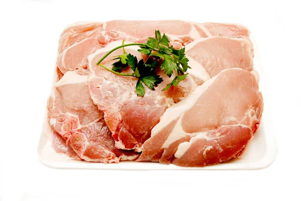 Stacked Raw Pork Chops Belegd Met Italiaanse Peterselie Klaar Worden — Stockfoto