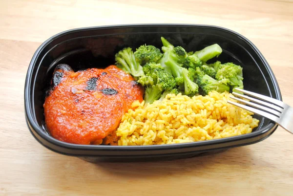 Meal Chicken Thigh Catalina Dressing Baked Top Yellow Rice Steamed — Stock Photo, Image