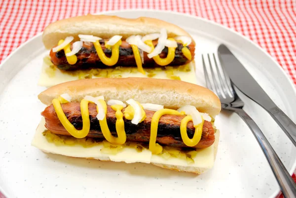 Hot Dogi Cebulą Przyprawą Musztardą Talerzu — Zdjęcie stockowe