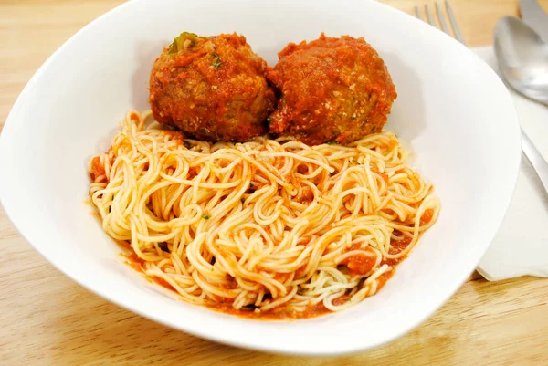 Two Large Meatballs Top Pasta Marinera Sauce — Stock Photo, Image