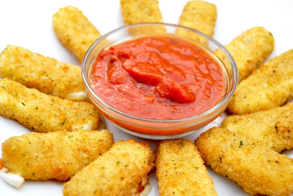 Baked Breaded Mozzarella Cheese Sticks Marinera Dipping Sauce — Stock Photo, Image