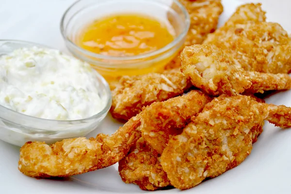 Coconut Shrimp Mango Tarter Sauces — Stock Photo, Image