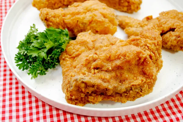 Close Van Een Southern Fried Chicken Thigh Een Picknick Instelling — Stockfoto