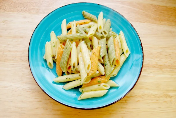 Plate Cooked Cylinder Shaped Penne Pasta Noodles Three Colors Yellow — Stock Photo, Image