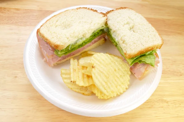 Ham Sandwich Cheese Mayonnaise Lettuce Side Wavy Chips — Stock Photo, Image