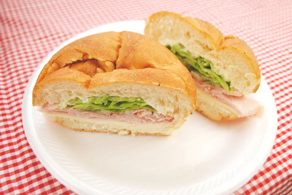 Close Half Deli Ham Sandwich Com Queijo Maionese Alface — Fotografia de Stock