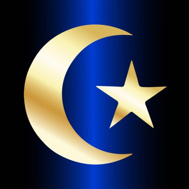 Zarif Hilal Altın Ay ve Parlak Siyah ve Mavi Arkaplan Üzerindeki Yıldız