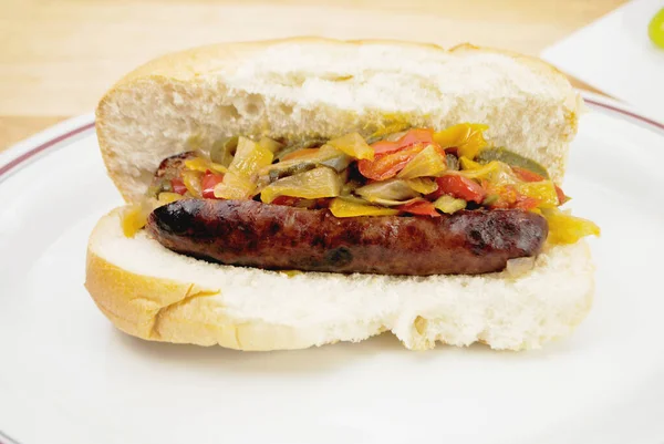 Hot Sausage Sandwich Fried Peppers Onions — Stock Photo, Image