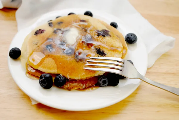 Eating Blueberry Pancakes Coved Butter Syrup — Stock Photo, Image