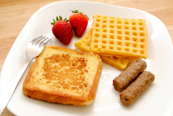 French Toast Waffles Two Pork Sausage Links White Plate — Stock Photo, Image