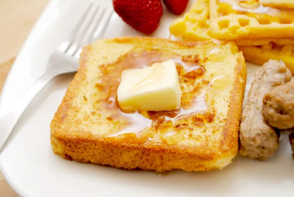 Fried French Toast Served Plate Butter Maple Syrup — Stock Photo, Image