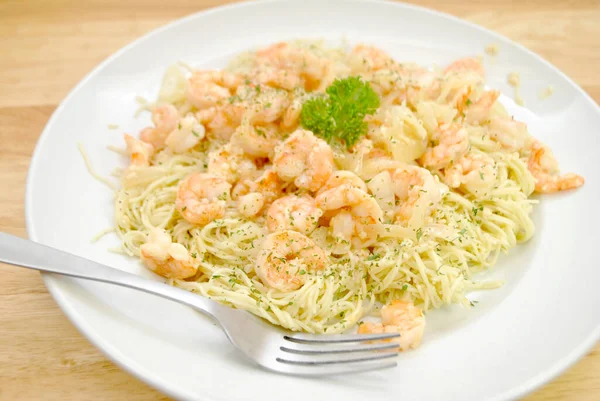 Spaghetti Served Homemade Shrimp Scampi — Stock Photo, Image