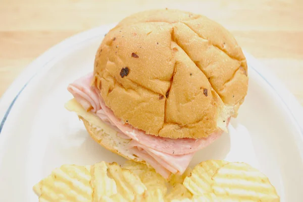 Ham Sandwich Cheese Mayonnaise Hard Salami Side Wavy Chips — Stock Photo, Image
