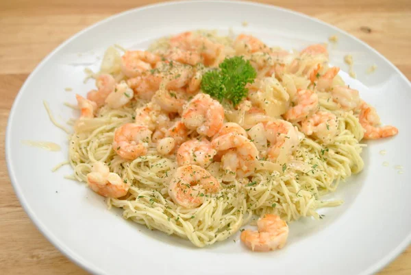 Spaghetti Served Homemade Shrimp Scampi — Stock Photo, Image