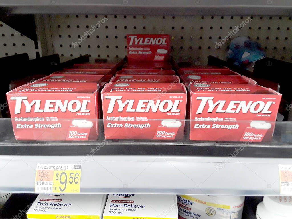 Tylenol Brand Pain Reliever Medicine (Extra Strength) at Walmart Food Super Center-April 2, 2022-North Windham, CT, USA