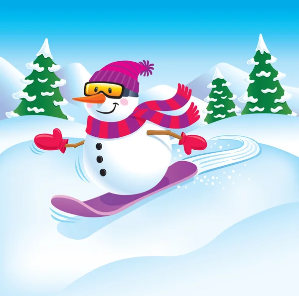 Snowboarding boneco de neve nas encostas — Vetor de Stock