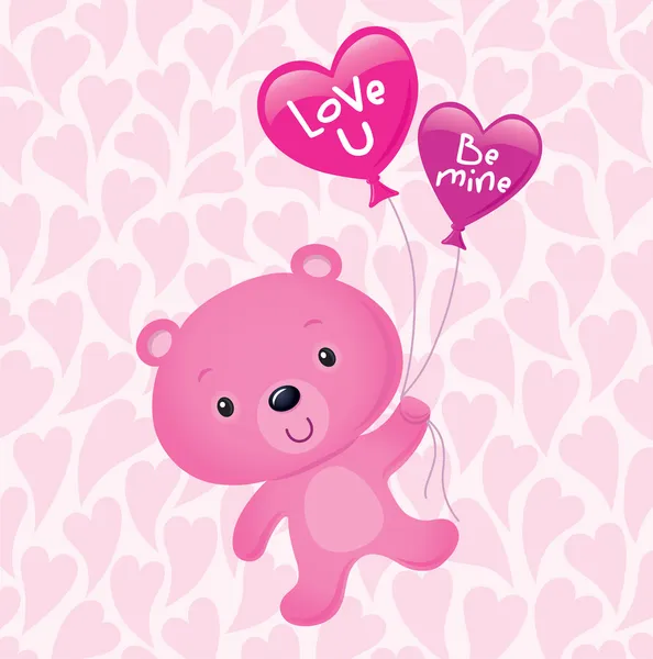 Pink Valentine's Day Bear Floating with Heart Shaped Balloons — Stock Photo, Image