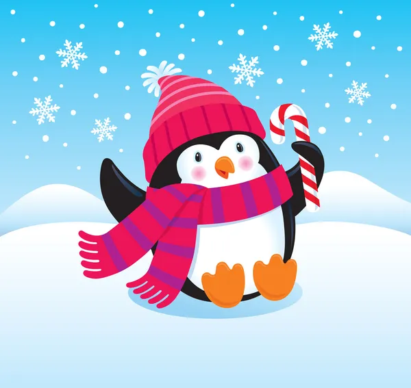 Cute Penguin Sitting in the Snow with a Candy Cane — Stock Photo, Image