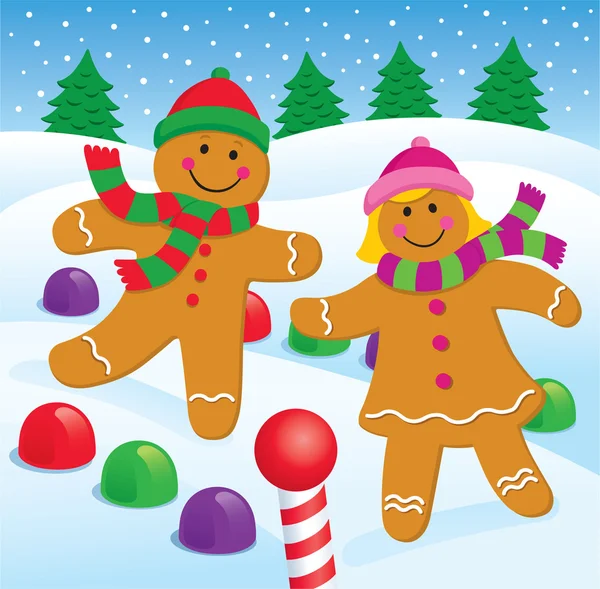 Gingerbread menino e menina na neve — Fotografia de Stock
