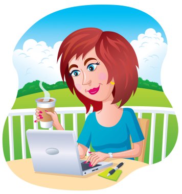 bir kahve ile bir dizüstü bilgisayarda dışında kadın