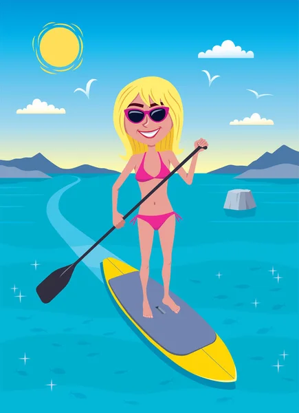 Smiling Stand Paddle Boarding Girl Out Ocean Sunny Day Coast — Stock Fotó