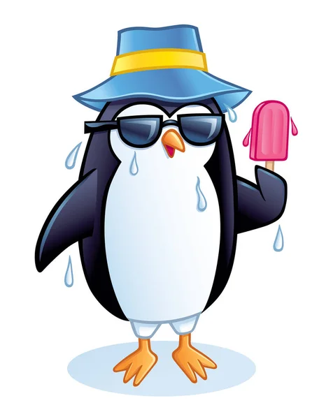 Penguin Sweating While Wearing Floppy Hat Sunglasses Holding Strawberry Ice — Stock Fotó