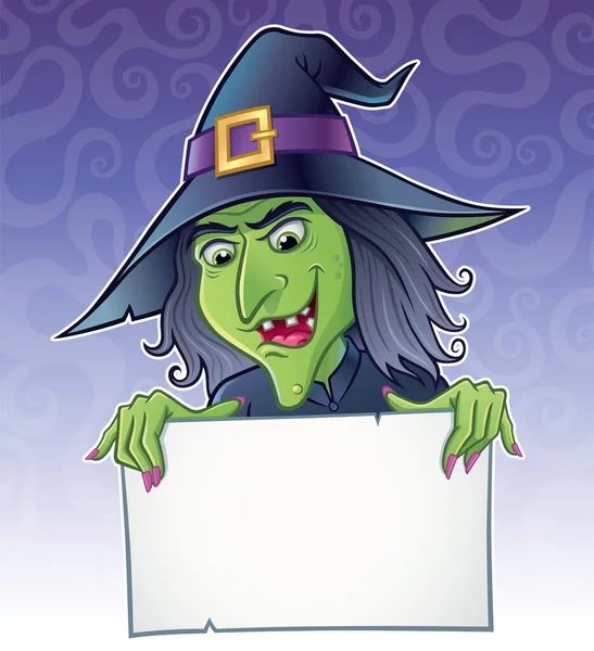 Wicked Looking Green Witch Character Grinning Holding Blank Sign Purple — стоковое фото