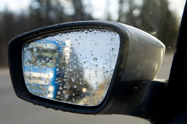 Rain on a car mirror